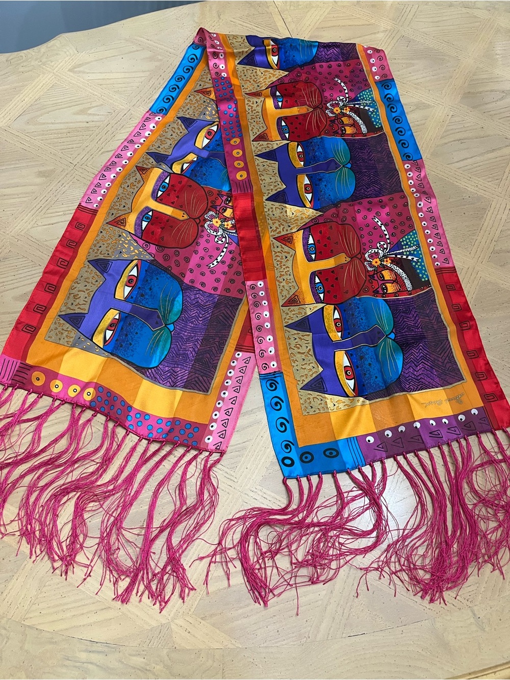 Laurel Burch Multicolor Cat-Print Fringed Silk Scarf